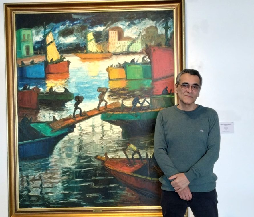 Víctor Fernández, al lado de un Quinquela. "Día luminoso" 1968.